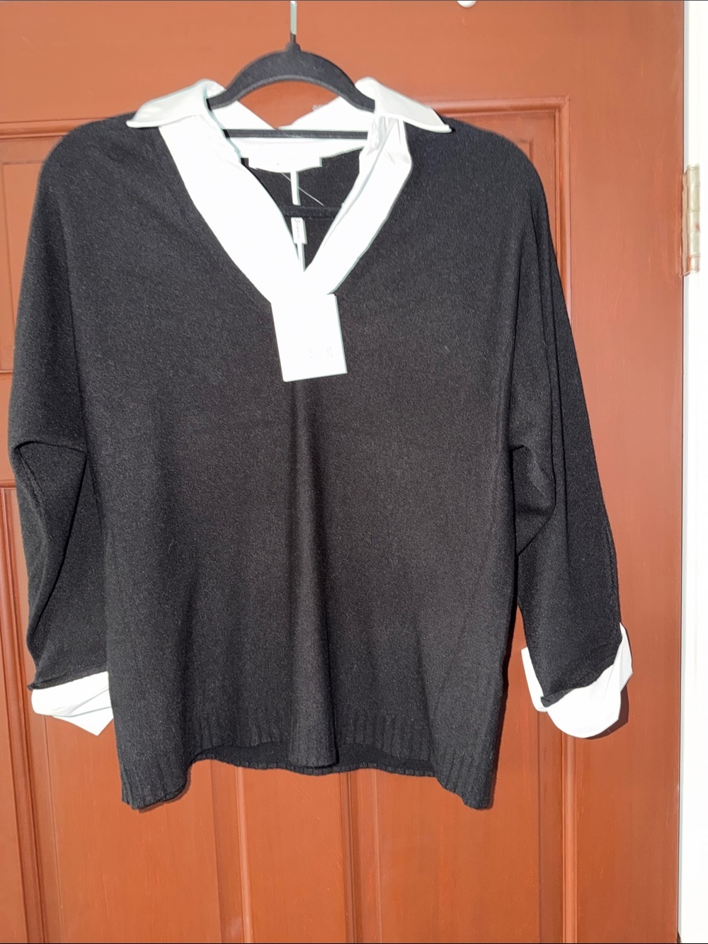 Sioni Black V-Neck Sweater with White Collar & Cuff Trim